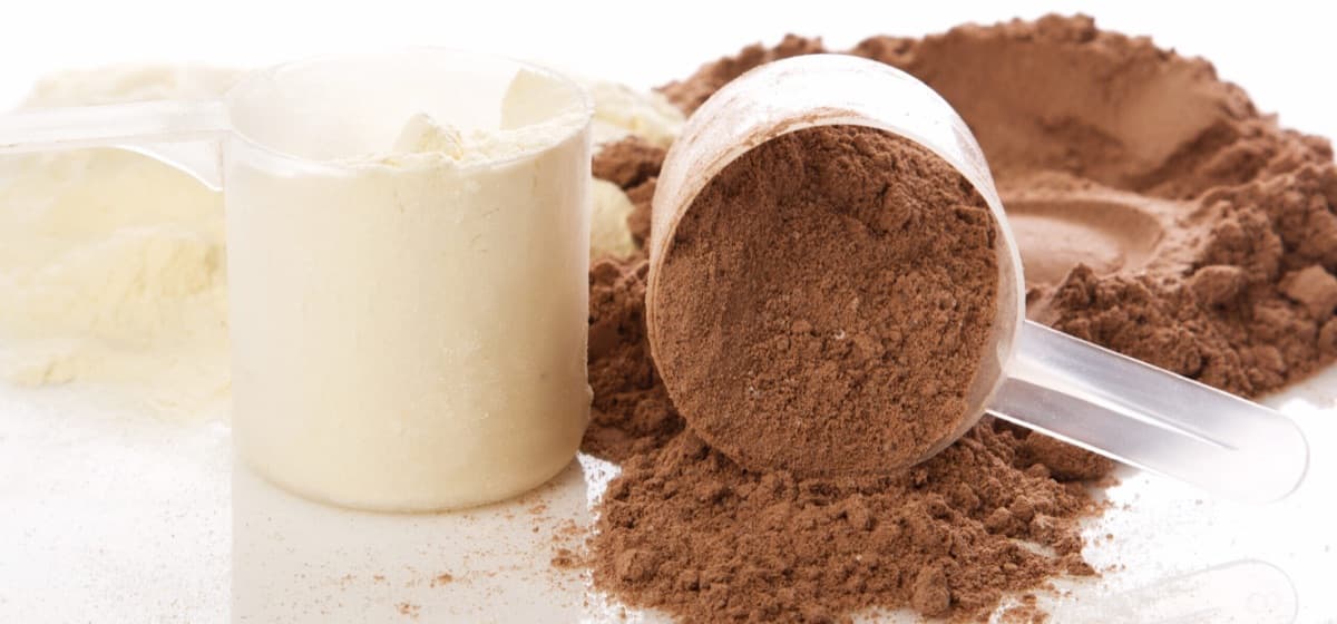 Scoops of vanilla and chocolate protein powder